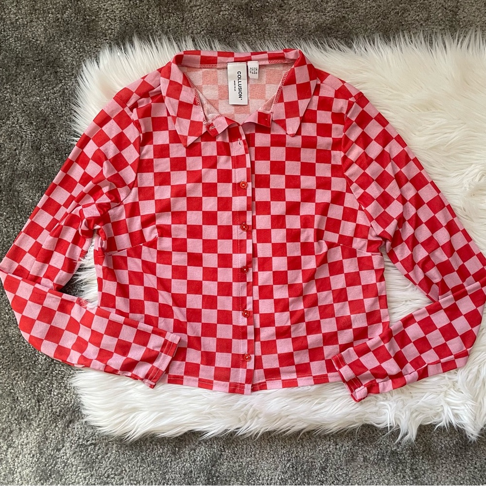 Collusion x ASOS Plus Checkered Crop Button Up